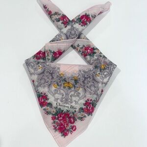 WOMEN HANDKERCHIEF CHRISTIAN DIOR Floral Gold Pink Mini Scarf COTTON 21”